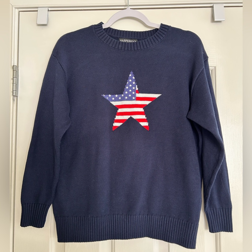 Harper & Ivy Navy Knit Sweater with American Flag Star Womens size XS